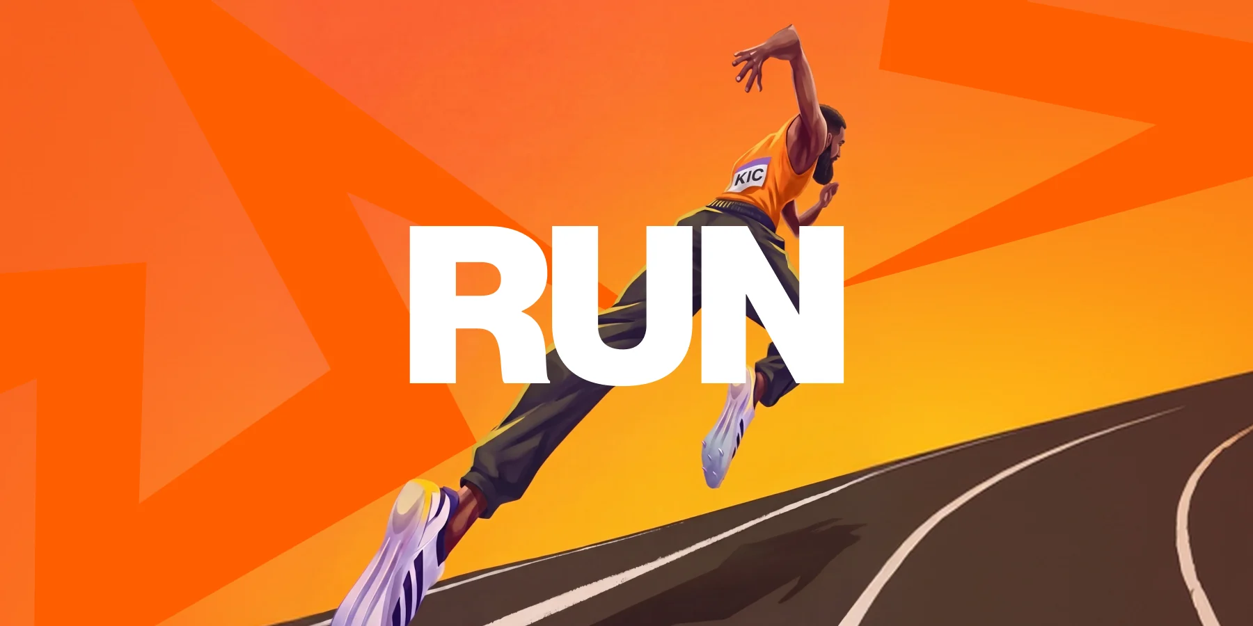 A runner in a KIC vest mid-stride on a track, under the word RUN in white on orange.