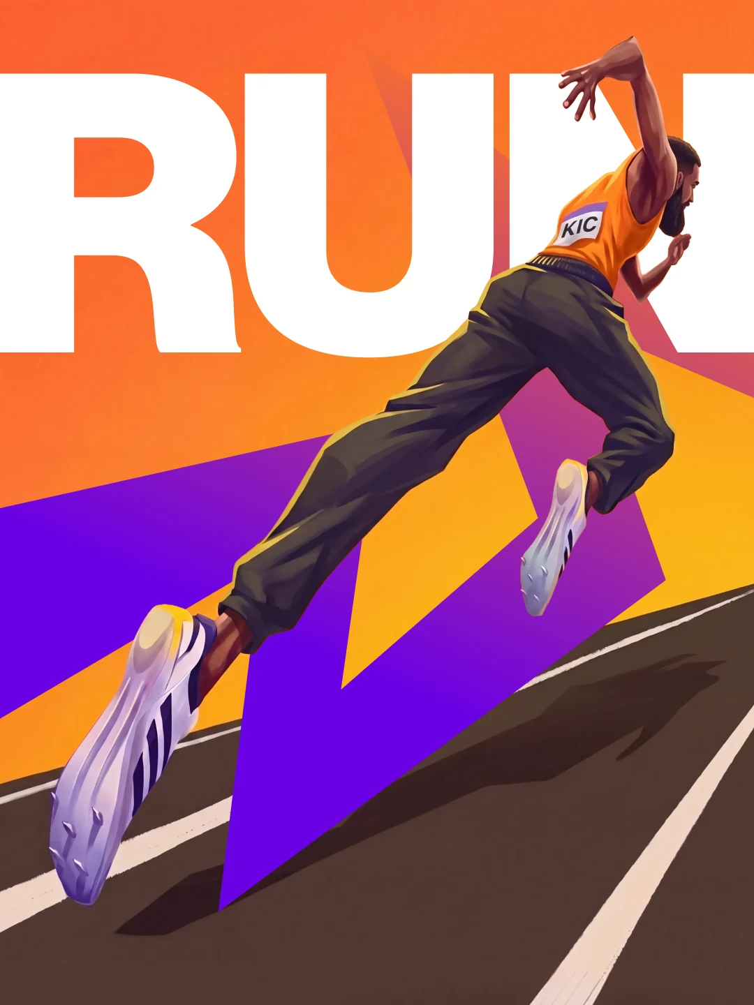 A runner in a KIC vest mid-stride on a track, under the word RUN in white on orange and purple.