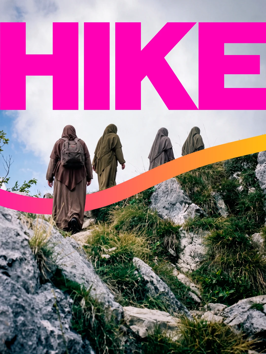 Four women walking a rocky path in single file, with the word HIKE across the top in magenta.