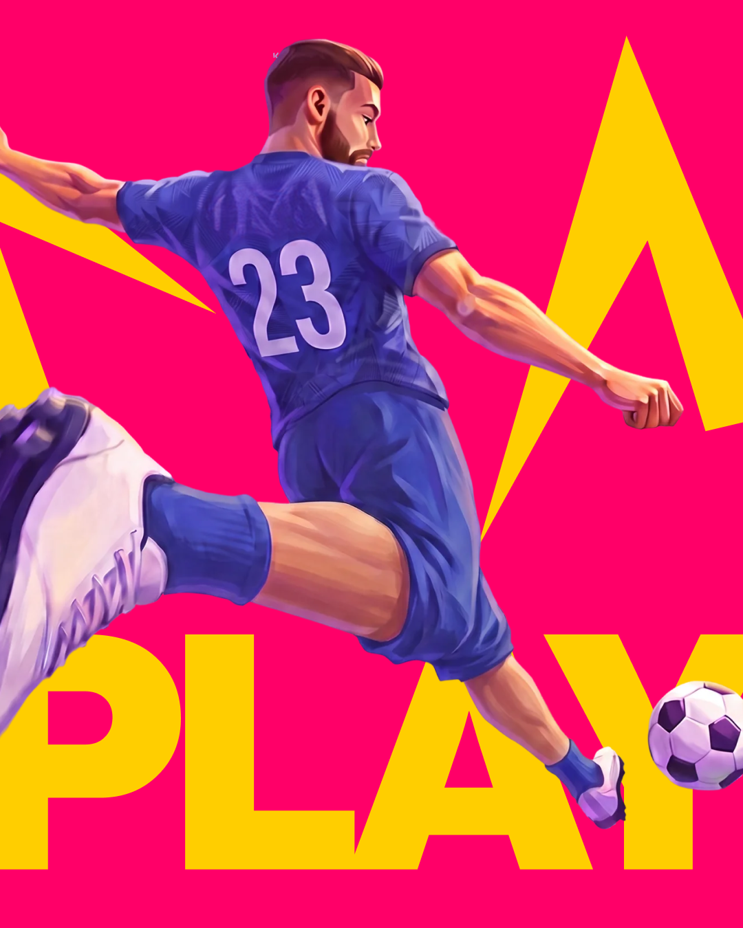 An illustrated footballer striking a ball, over the word PLAY in yellow on pink.