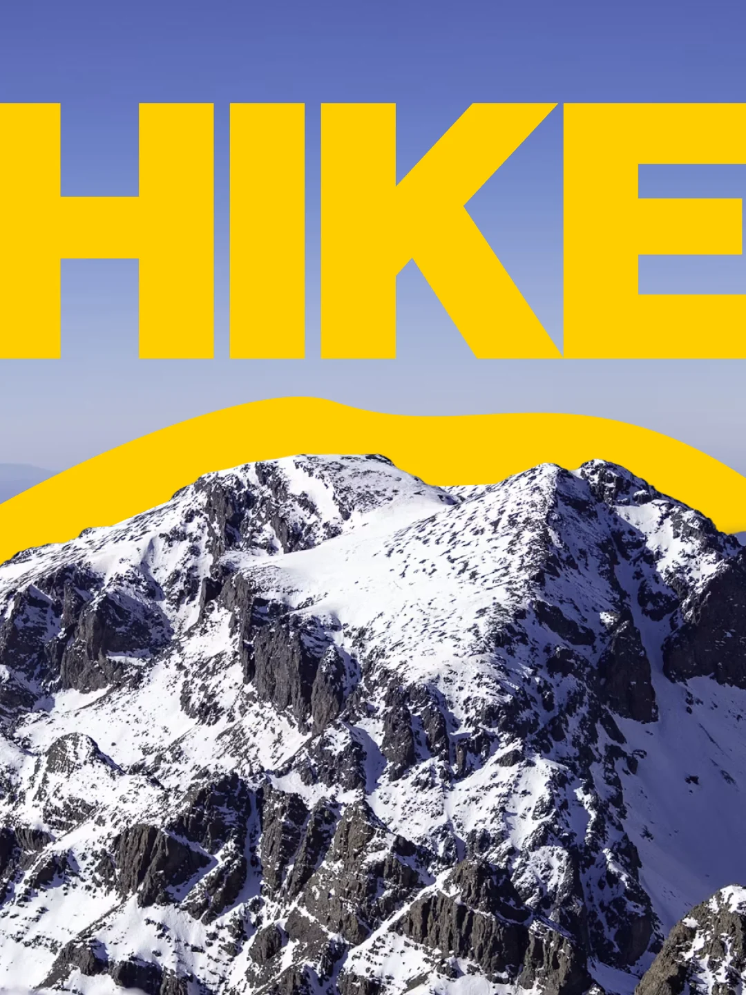 A snow-covered mountain ridge under a clear blue sky, with the word HIKE across the top in yellow.